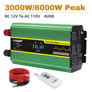 LVYUAN Power Inverter 3000W Continuous 6000W Peak Pure Sine Wave 12V DC to 110V AC Converter with 4 AC Outlets, 4 USB Ports, LCD Display, Remote Control, Green F-3000P