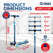 Dribbl 3-Wheel Kids Scooter with Adjustable Handlebar, LED PU Wheels, Blue, DBKS03