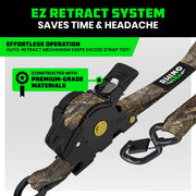 Rhino USA Camo Retractable Ratchet Straps, 1 Inch by 10 Feet, Green, With Soft Loop Tie Downs