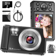 MARVUE Digital Camera, 5K UHD Video, 72MP Photography, Autofocus with Macro, 16X Digital Zoom, Integrated LED Fill Light, 2.8-Inch HD IPS Screen, White