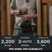 Greenworks Pro 24V 2200 In-lb Brushless Impact Driver with 1/4 in Hex Quick-Connect Chuck, 3-Speed Auto-Shutdown, Includes 2 Ah USB-C Battery ID5250A2
