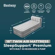 Bestway SleepSupport Twin Air Mattress 18in with Headboard and Built-in AC Pump
