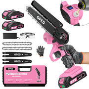 GPED Mini Chainsaw Cordless, 6 Inch Blade, 2x 21V 2000mAh Batteries, Security Lock, Pink