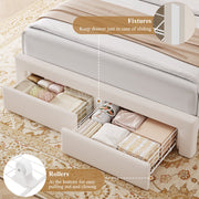 Hiphuta Full Size Velvet Upholstered Bed Frame with Storage Headboard, 2 Rolling Drawers, RGB LED Lighting, USB Charging Station, White
