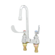 T&S Brass Lavatory Faucet, Deck Mount, Polished Chrome Plated Brass, 0.5 GPM Vandal-Resistant Spray Device, Rigid Swivel Gooseneck, 4-Inch Wrist Action Handles, B-0892-VF05