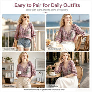 Generic Women's Polka Dot Lace Up Blouse, Abstract Geometric Print, Adjustable Ruffle V-Neck, Lightweight 3/4 Puff Sleeves, Soft Breathable Polyester