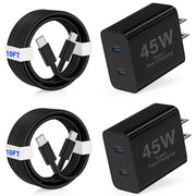 Fashia A450F-2C-BLK10FT 45W Dual Port USB C Fast Charger 2-Pack with 60W 10FT USB C Cable
