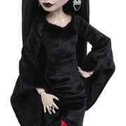 Monster High Morticia Addams Collector Doll, Black Velvet Gown with Crimson Satin Underskirt, Accessories, Stand, 11.22 in, 2LH06XI24W02