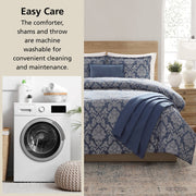 VCNY Home Damask 5-Piece Blue Jacquard Comforter Set, Full/Queen, Hypoallergenic, All-Season, MSD566170522026