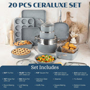 Granitestone Ceraluxe 20 Pc Ceramic Cookware Set Nonstick Pots and Pans with 5 Pc Bakeware Set Blue Speckle 6811