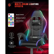Bigzzia Gaming Chair with LED RGB Lights, PU Leather, Adjustable Lumbar Support, Reclining Backrest, 360 Swivel Seat, Black