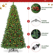 Firstness 7.5ft Pre-Lit Artificial Christmas Tree with 450 Warm White LED Lights, 1300 Branch Tips, Pine Cones and Red Berries
