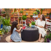 Keter Circa 37 Gallon Round Resin Deck Box with Rattan Texture, Weather-Resistant Outdoor Storage and Seating Bench, Grey, 243554