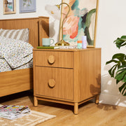 Beautiful 2-Drawer Fluted Nightstand with Built-In Power Station, Warm Honey Finish, Solid Rubberwood