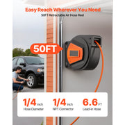 KFFKFF Retractable Air Hose Reel, 1/4 Inch x 50 FT Hybrid Hose, 300 PSI Max Pressure, Auto Rewind, 6.6 FT Lead-In Hose, Blow Gun, 180 Swivel Mount, NA-D10