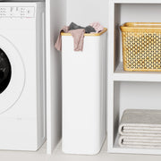 Tooloton Large Laundry Hamper, 60L Capacity, Natural Bamboo Frame, White, Collapsible Design, 8 x 16 x 26 in