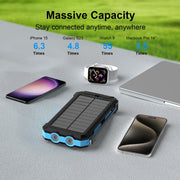 Yelomin 49800mAh Solar Power Bank, Portable Charger with 22.5W Fast Charging USB-C, Wireless Charging for Apple Watch and iPhone, Waterproof, Dustproof, Drop-Resistant, Camping Flashlight, Blue