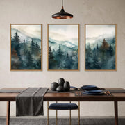 TOARTi Watercolor Misty Forest Framed Canvas Wall Art Set, Nature Landscape, Foggy Mountain Pine Trees, Three-Piece, 16x24x3 in