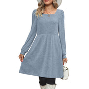 SHINE UP Womens Fall Square Neck Long Sleeve Knee Length Dress with Puff Sleeves and Deep Pockets, Blue, Loose Fit