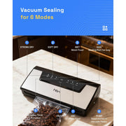 HBN Food Vacuum Sealer Machine, 80KPa Automatic Suction, Six Modes, Built-in Cutter and Bag Storage, Stainless Steel, CP-UFK-2032