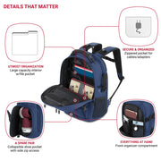 SwissGear Travel Tech Elite Laptop Backpack, TSA-Friendly ScanSmart Compartment, USB Charging Port, Shoe Compartment, Organizer Pockets, Black Blue