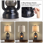 JUJUYUYOP Farmhouse Lantern Table Lamp Set of 2 with Dual USB Charging Ports, Black Metal Base, Beige Linen Shade, Includes 4 LED Bulbs, 22 in RO-001