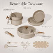 Carote A14008 18 Pcs Ceramic Cookware Sets, Nonstick Pots and Pans with Detachable Handles, Taupe