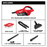 Milwaukee M18 Brushless Handheld Vacuum, 40 CFM, 63 in Suction, HEPA Filter, LED Lighting, Black, 0892-20