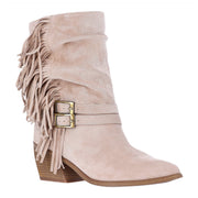Madden NYC Women's Faux Suede Fringe Mid-Calf Boots, Beige, 2.4in Block Heel, Memory Foam Insole