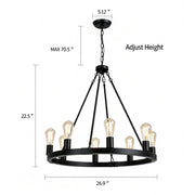 MMUPFH Farmhouse Wagon Wheel Chandelier, 8-Light Matte Black Metal Pendant with Adjustable Height