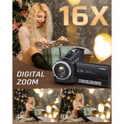 Keculbo Video Camera, 2.7K QHD Camcorder, 56MP Photos, 16X Digital Zoom, 2.8-Inch LCD, Dual Batteries, 32GB Memory Card, Black, VD-110