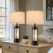JUJUYUYOP Rustic Farmhouse Table Lamp Set of 2, 25 Inch Black Metal Base, Linen Shade, Dual USB Charging Ports, Night Light Function, LED Bulbs Included, JU-8986