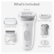Braun Silk-pil 7 Epilator, Wet and Dry, Wide Head, Includes Shaver Head and Trimmer Comb, SE7-041, Silver