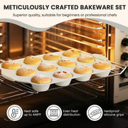 Kikcoin Bakeware Set, 21-Piece Carbon Steel Nonstick Baking Pans with Removable Silicone Handles, Beige
