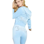 Juicy Couture Velour Frosted Tracksuit, Luxe Blue Velour Fabric, Kangaroo Pockets, Size Small