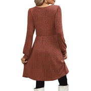 SHINE UP Womens A-Line Casual Dress, V-Neck, Long Puff Sleeves, Mid-Length with Pockets, Beige
