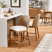 Whalen Limited Saylor Counter Height Barstools Set of 2, Solid Wood, Natural Woven Backrest, Padded Beige Fabric Seat, Farmhouse Style, MT65250047100A1