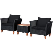 Costway HW66532BK 3-Pieces Wicker Patio Conversation Set Wooden Table Top with Black Cushions - Black