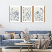 HPINUB Classic Chinoiserie Floral Framed Canvas Wall Art Set, Blue and White Watercolor Botanical Flowers, Navy Blue Minimalist, 16x24 in, Set of 3