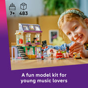LEGO Friends Music Store & Apartment Building Set, Interactive Playset with 483 Pieces, Includes Minidolls and Marimba the Corgi, Ages 7+