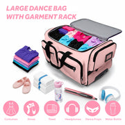 Fegat Dance Duffel Bag with Detachable Garment Rack, Waterproof 300D Oxford Cloth, Lightweight Rolling Costume Suitcase with 10 Pockets, Aluminum Alloy Handle, Pink, 28in