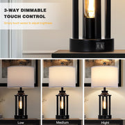 Cinkeda Modern Table Lamp Set of 2 with USB Charging Ports, 3-Way Dimmable Nightlight, Black Metal Frame, White Linen Shade, Industrial Style, 23.5 in, WMTD-485