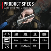 Coast Slayer Red Rechargeable LED Flashlight, 1000 Lumens, Dual Optic System, Magnetic Mount, Five Light Modes, USB-C Fast Charging, Aluminum Body, Black, 31014