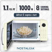 Nostalgia Retro Microwave Oven, 1.1 Cu Ft Capacity, 1000W Countertop, 8 Auto Cook Programs, Ivory