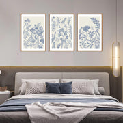 HPINUB Classic Chinoiserie Floral Framed Canvas Wall Art Set, Blue and White Watercolor Botanical Flowers, Navy Blue Minimalist, 16x24 in, Set of 3