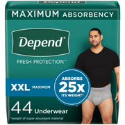Kimberly Clark 105330501 Depend Fresh Protection Adult Incontinence Underwear for Men, Maximum, XXL, Grey, 44 Count