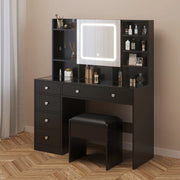 Ktaxon Color Lights Drawers Charging Station Vanity Desk Table Set, Black - Unique Design