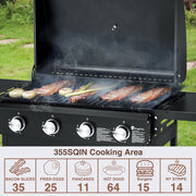 Kingchii DBR204C 4-Burner Propane Grill, 38,000 BTUs Gas Grill with Foldable Side Tables, Built-in Thermometer, Black