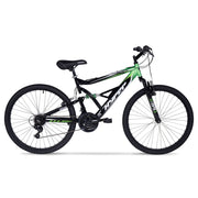 Hyper Bicycles 26 Shocker Mountain Bike, Full Suspension Steel Frame, 18-Speed Twist-Grip, Linear-Pull Brakes, Black/Green, HYP-T26-1444