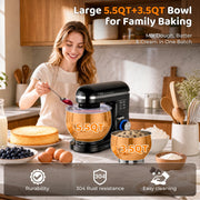 Patbrela Stand Mixer with 5.5QT Stainless Steel Bowl and Extra 3.5QT Bowl, 10-Speed Tilt-Head Kitchen Mixer with Dough Hook, Beater, Whisk, SM001